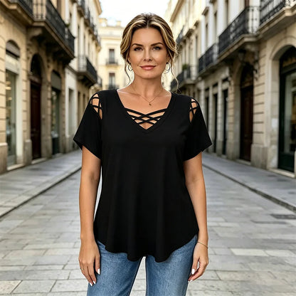 👚【Νέα Άφιξη, Προσφορά Περιορισμένης Διάρκειας】【S-5XL】Μπλούζα με V-Neck από καθαρό βαμβάκι, Crossover Design, Σχίσιμο, Κομψό και Αναπνεύσιμο