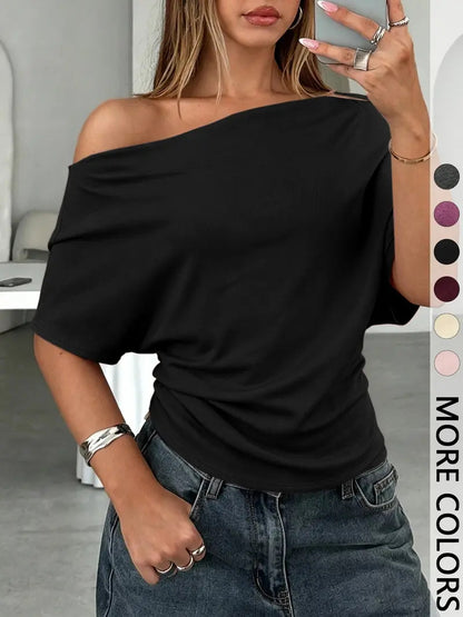 👚 Γυναικείο Ασύμμετρο Μπλούζα με Έξω τους Ώμους και Στυλ Batwing – Κομψό, Δράμα & Απαλή Άνεση 🦇✨