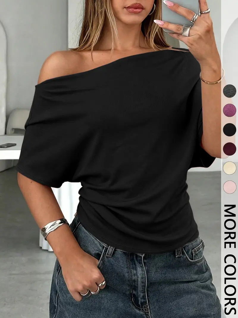 👚 Γυναικείο Ασύμμετρο Μπλούζα με Έξω τους Ώμους και Στυλ Batwing – Κομψό, Δράμα & Απαλή Άνεση 🦇✨