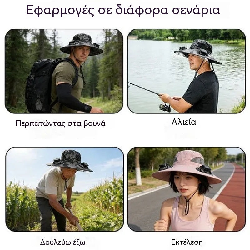 🧢【Απαραίτητο για εξωτερικούς χώρους!】Ηλιακό καπέλο ανεμιστήρα – Αντηλιακή προστασία / Αδιάβροχο / Σκίαστρο ☀️🌬️