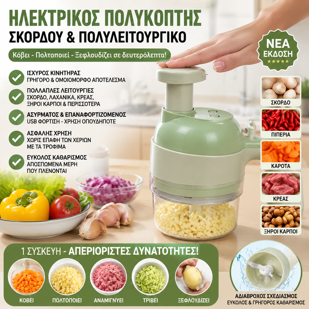 🥗 Επαναφορτιζόμενο πολυλειτουργικό κόφτη λαχανικών – Ηλεκτρικός τεμαχιστής κουζίνας, μίνι κιμάς, πολτοποιητής για βρεφικές τροφές, αδιάβροχος