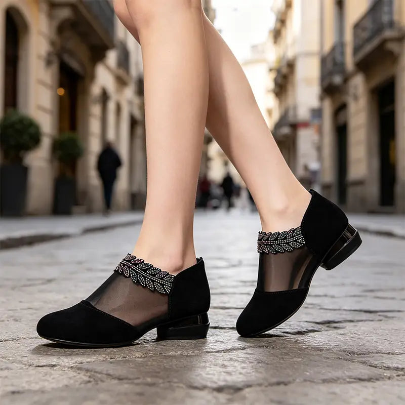 👡💎 Παπούτσια με χαμηλό τακούνι, από πλέγμα και κρύσταλλα, γαλλικού στιλ