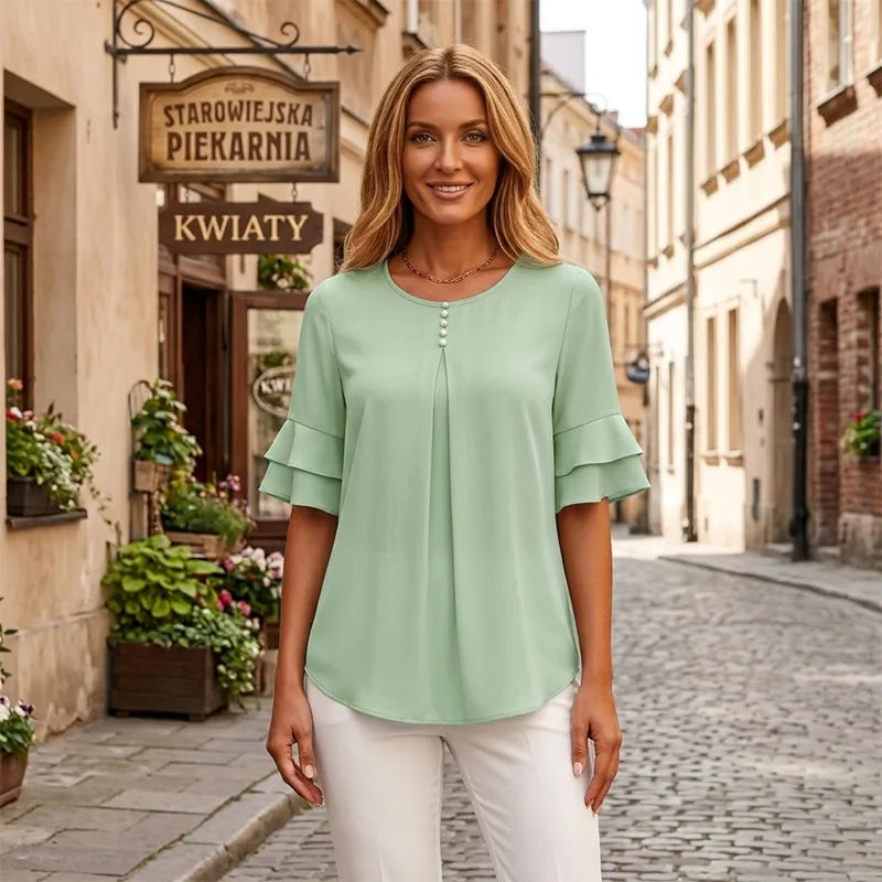 👕【S-3XL】Κομψή γυναικεία μπλούζα από σιφόν με βολάν και μανίκια | Casual πουκάμισο γραφείου με διακοσμητικά κουμπιά, χαλαρή και αέρινη γραμμή