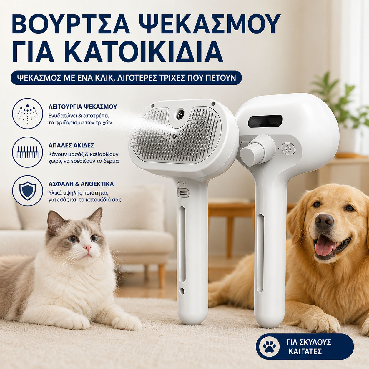 🐶🐱 Βούρτσα ατμού για κατοικίδια | Χτένα ξεμπερδέματος και αποτριχωτική συσκευή για σκύλους και γάτες 💧✨
