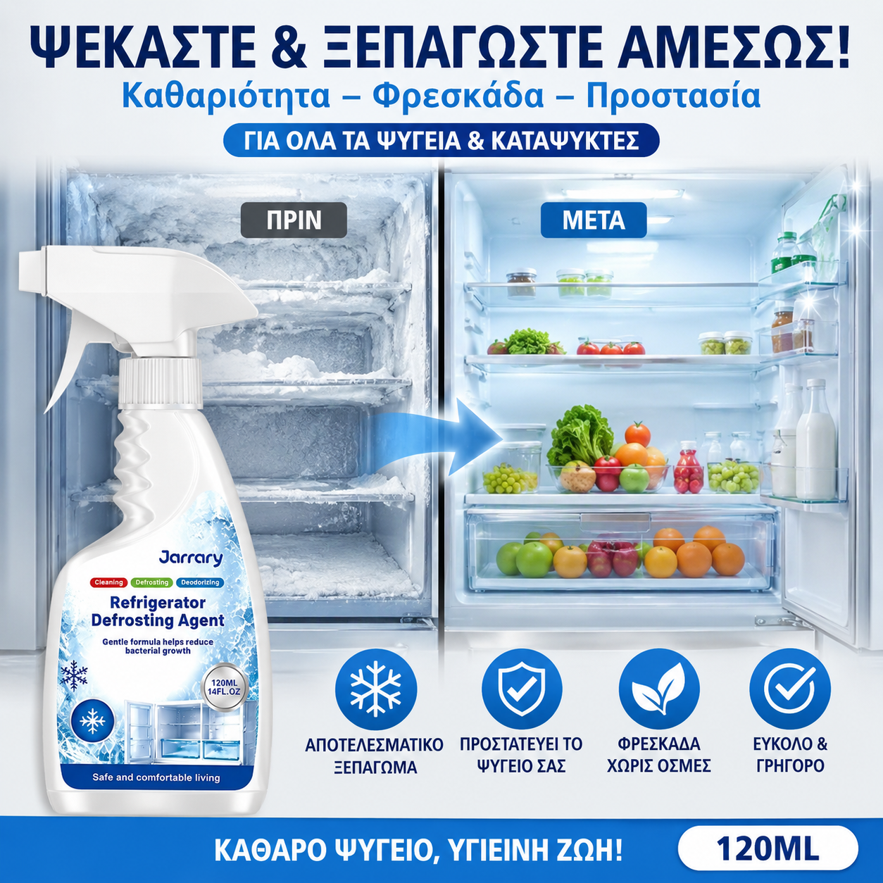 🧊✨Σπρέι απόψυξης και αφαίρεσης πάγου για οικιακά ψυγεία και καταψύκτες, με ισχυρή δράση αφαίρεσης πάγου.